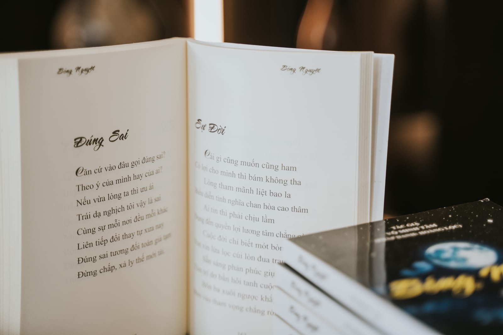 Một cuốn Bóng Nguyệt mở ra, hai bài thơ nằm trên hai trang giấy.