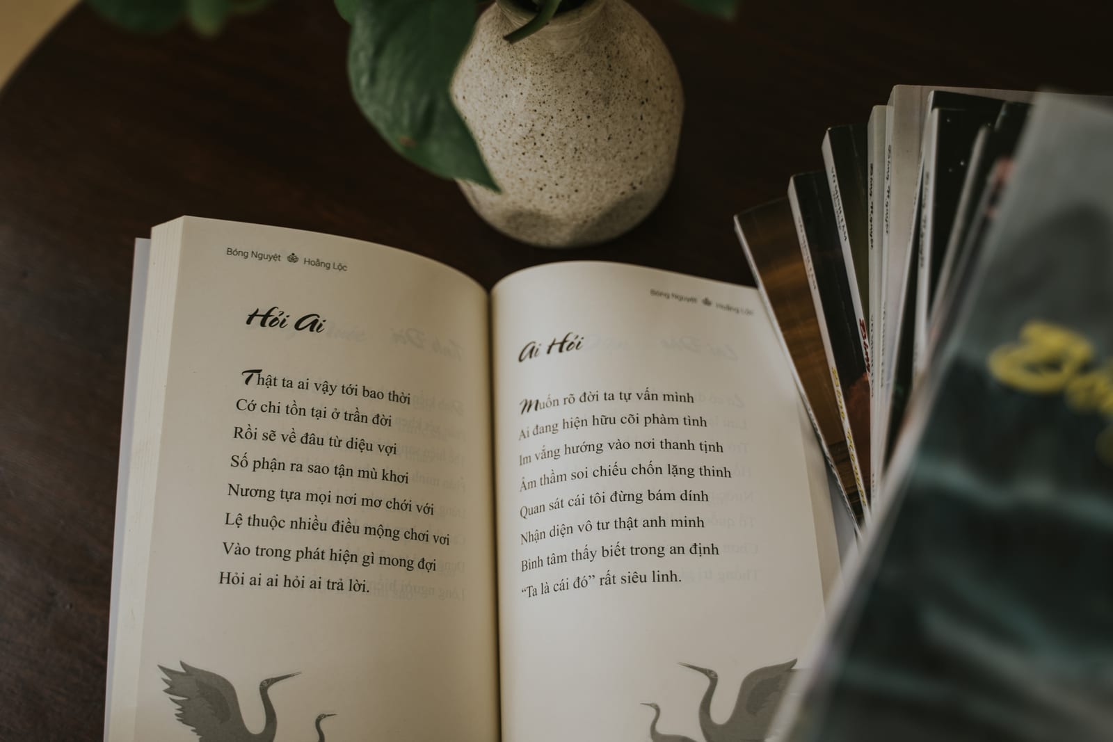 Sách mở bên hòn đá cuội và bó hương chưa đốt.